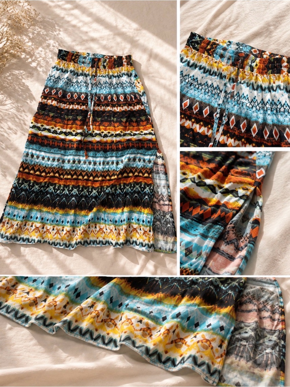 Boho Maxi Skirt with Elastic Waist - Multi Blue & Yellow